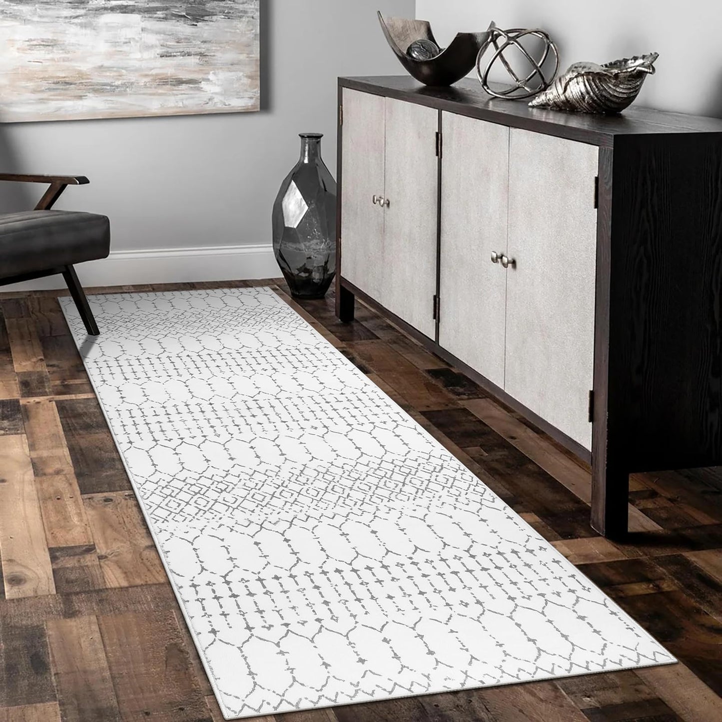Lahome Moroccan Washable Runner Rug - 2x6 Non-Slip Throw Hallway Rug Runner Ultra-Thin Soft Kitchen Laundry Room White Print Distressed Carpet for Entryway Bathroom Living Room Hana