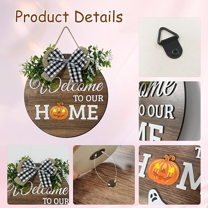 Interchangeable Seasonal Welcome Sign Front Door Decoration, Rustic Round Wood Wreaths Wall Hanging Outdoor Decor for Spring Summer Autumn and Winter All Seasons Holiday Halloween Christmas
