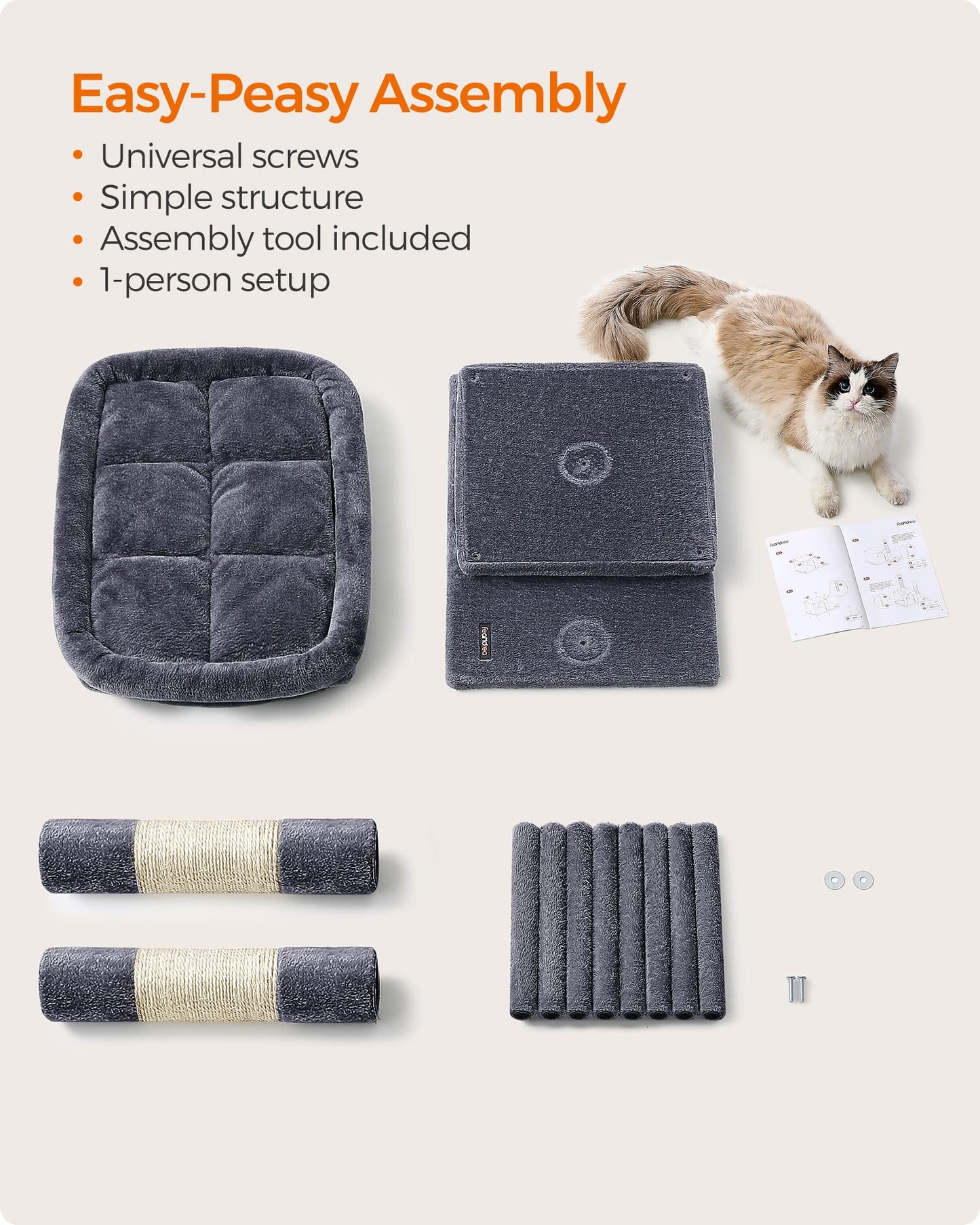 Feandrea Cat Tree, 39.8-Inch Cat Tower, XL, Cat Condo for Extra Large Cats up to 44 lb, Large Cat Perch, 2 Cat Caves, Scratching Post, Smoky Gray UPCT614G01