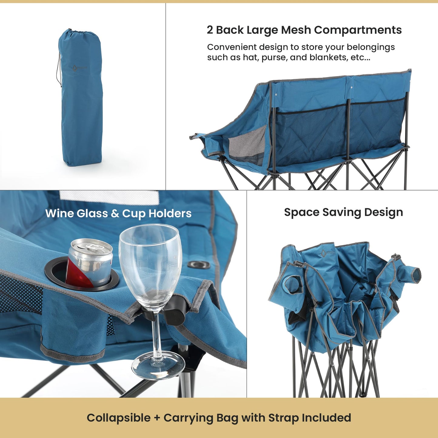 ARROWHEAD OUTDOOR Portable Folding Double Duo Camping Chair Loveseat w/ 2 Cup & Wine Glass Holder, Heavy-Duty Carrying Bag, Padded Seats & Armrests, Supports up to 500lbs, USA-Based Support