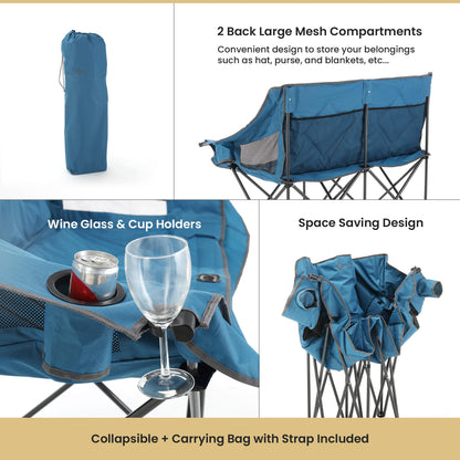 ARROWHEAD OUTDOOR Portable Folding Double Duo Camping Chair Loveseat w/ 2 Cup & Wine Glass Holder, Heavy-Duty Carrying Bag, Padded Seats & Armrests, Supports up to 500lbs, USA-Based Support