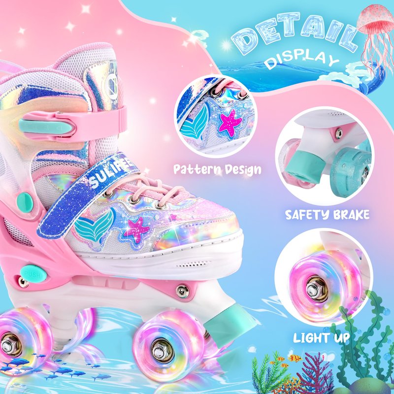 SULIFEEL Roller Skates for Girls Kids with Light Up Wheels, Adjustable 4 Sizes for Little Kids Toddler Beginner Rollerskates