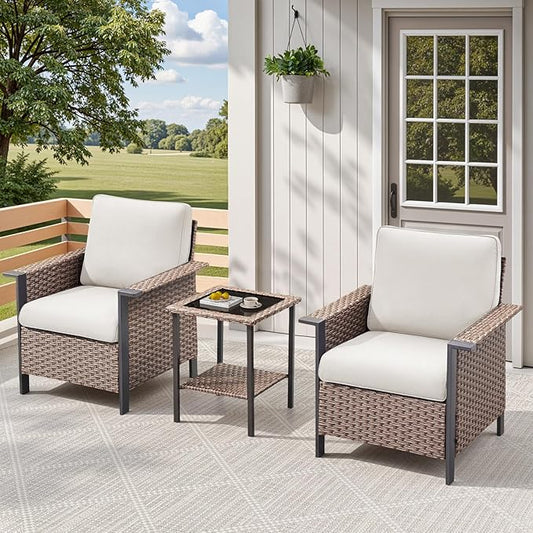 3 Pieces Wicker Patio Furniture Set-Outdoor Patio Chairs Set of 2 with Outdoor Side Table, Patio Furniture Set with Deep Seating Chairs for Porch Deck Balcony Garden Brown/Beige