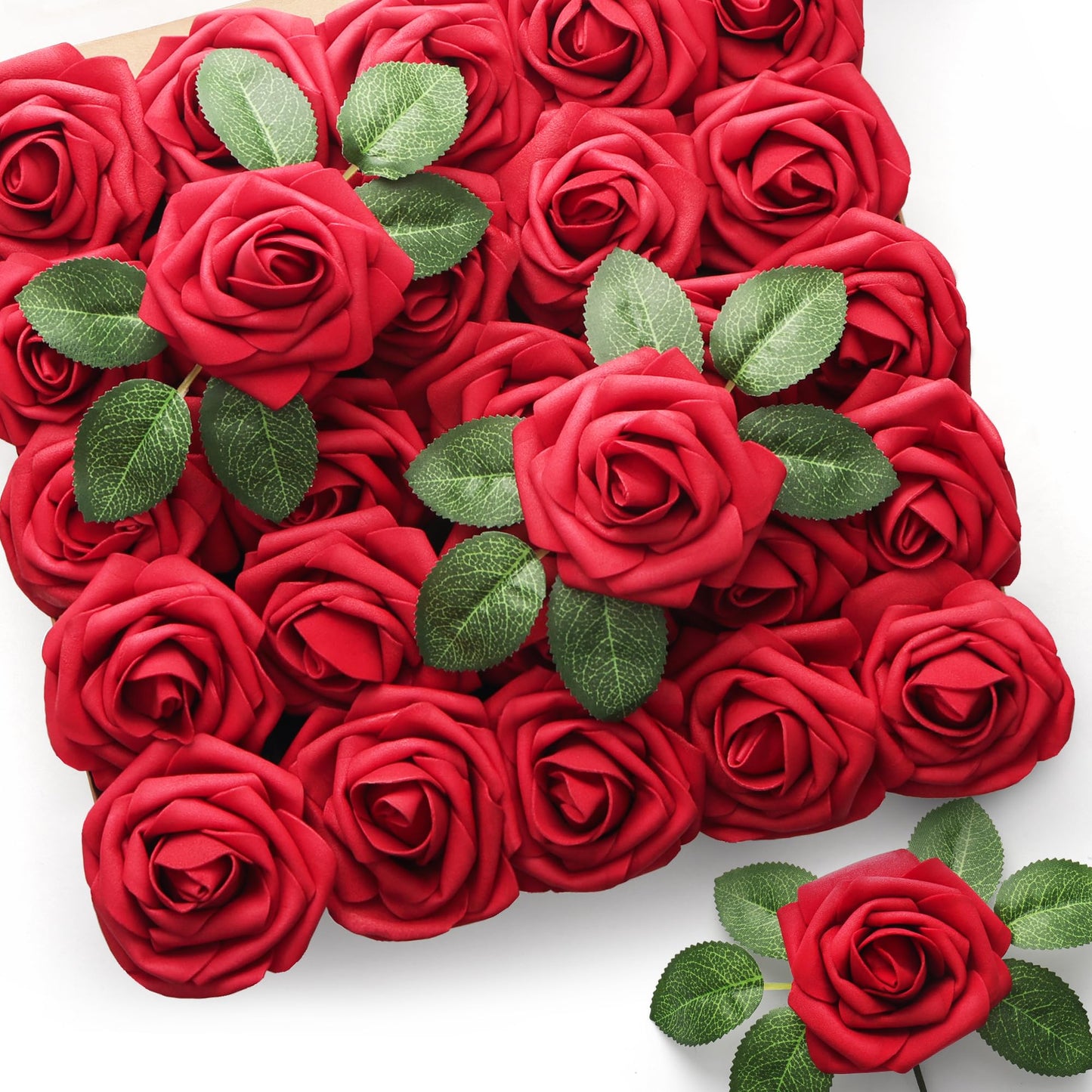 Mocoosy 50Pcs Red Roses Artificial Flowers, Artificial Rose Real Touch Foam Fake Roses Bulk with Stem,Lifelike Rose DIY Craft Flower for Wedding Bridal Bouquet Centerpiece Arrangement Party Home Decor