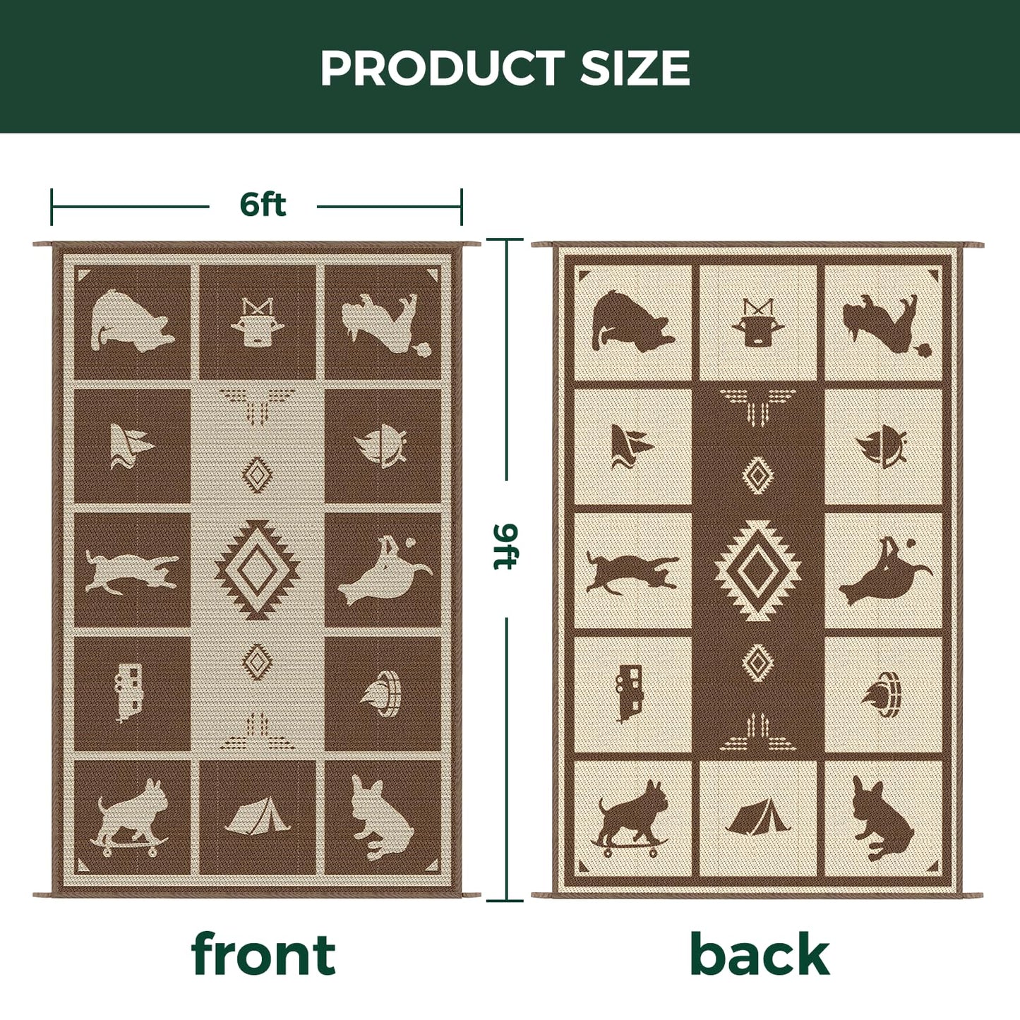 FXW Camping Rug, 6' x 9' Large Waterproof Portable RV Mat, Easy-to-Clean Straw Plastic Mat for Outdoor, Patio, Backyard, Deck, Picnic, Beach, Trailer, Brown & Beige