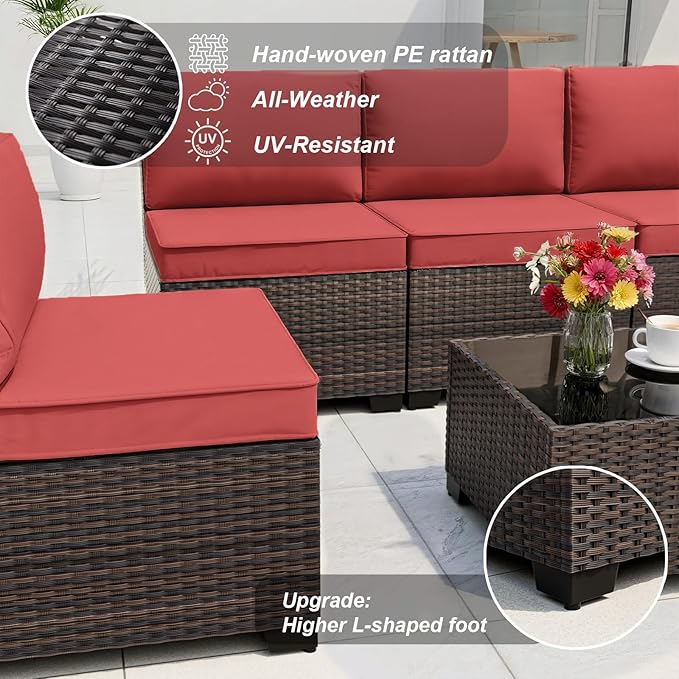 ALAULM 14 Pieces Outdoor Patio Furniture Set Sectional Sofa Sets Brown PE Rattan Patio Conversation Set w/12 Red Seat Cushions and 2 Coffee Tables