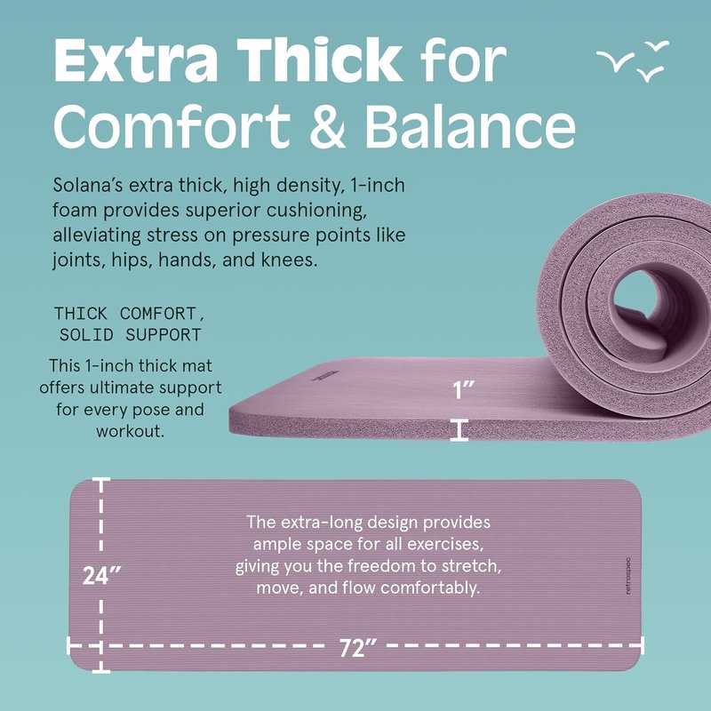 Retrospec Solana Yoga Mat - 1" Thick Non-Slip Exercise Mat for Home Yoga, Pilates & Fitness | Includes Nylon Strap
