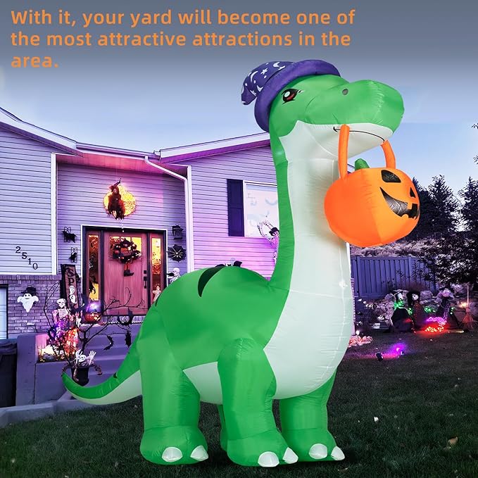 10FT Halloween Inflatable Huge Dinosaur Decorations Outdoor, Blow Up Yard Decorations Built-in LED Lights,Halloween Party Decorations with Witch Hat and Pumpkin,for Garden/Lawn.