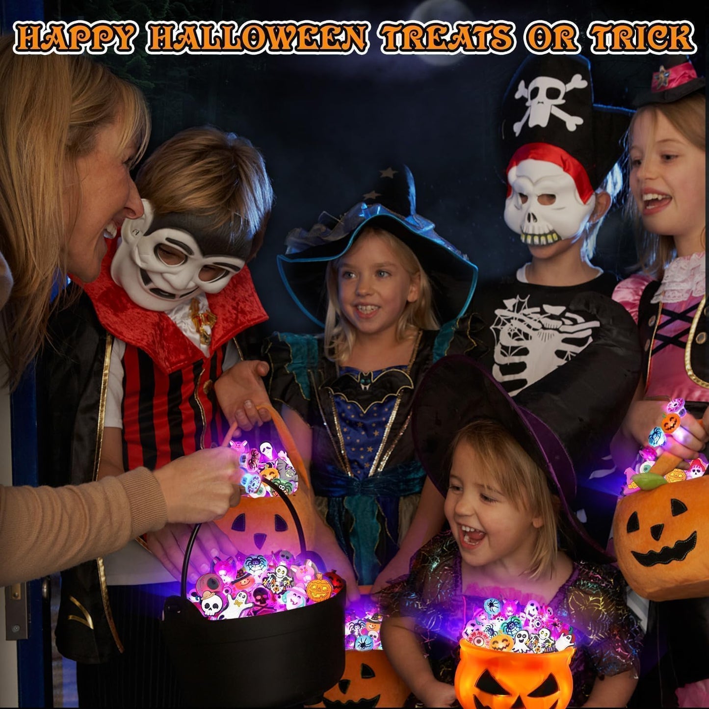 Coluans Halloween Treats 25Pcs Halloween Party Favors for Kids Adults LED Ring Halloween Accessories Light Up Rings Halloween Toys Flash Rings Non Candy Gift Bag Fillers New Version
