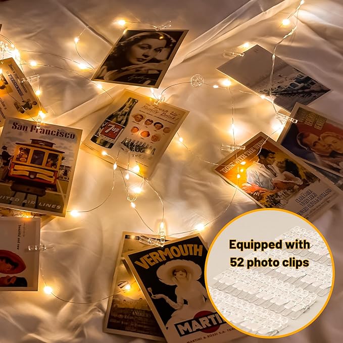 HXWEIYE 50LEDs Photo String Light, Warm White 16.4Ft Battery Powered Fairy Light with 52 Clear Clips & 10 Hooks on Wall for Hanging Picture Dorm Bedroom Party