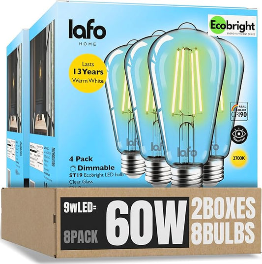 EcoBright ST19/ST64 LED Filament Bulbs, Dimmable, 60W Equivalent, 9W, 800 Lumens, 2700K Warm White, CRI90+, E26 Base, Flicker-Free, Edison Chandelier, ETL/FCC Certified (8 Pack)