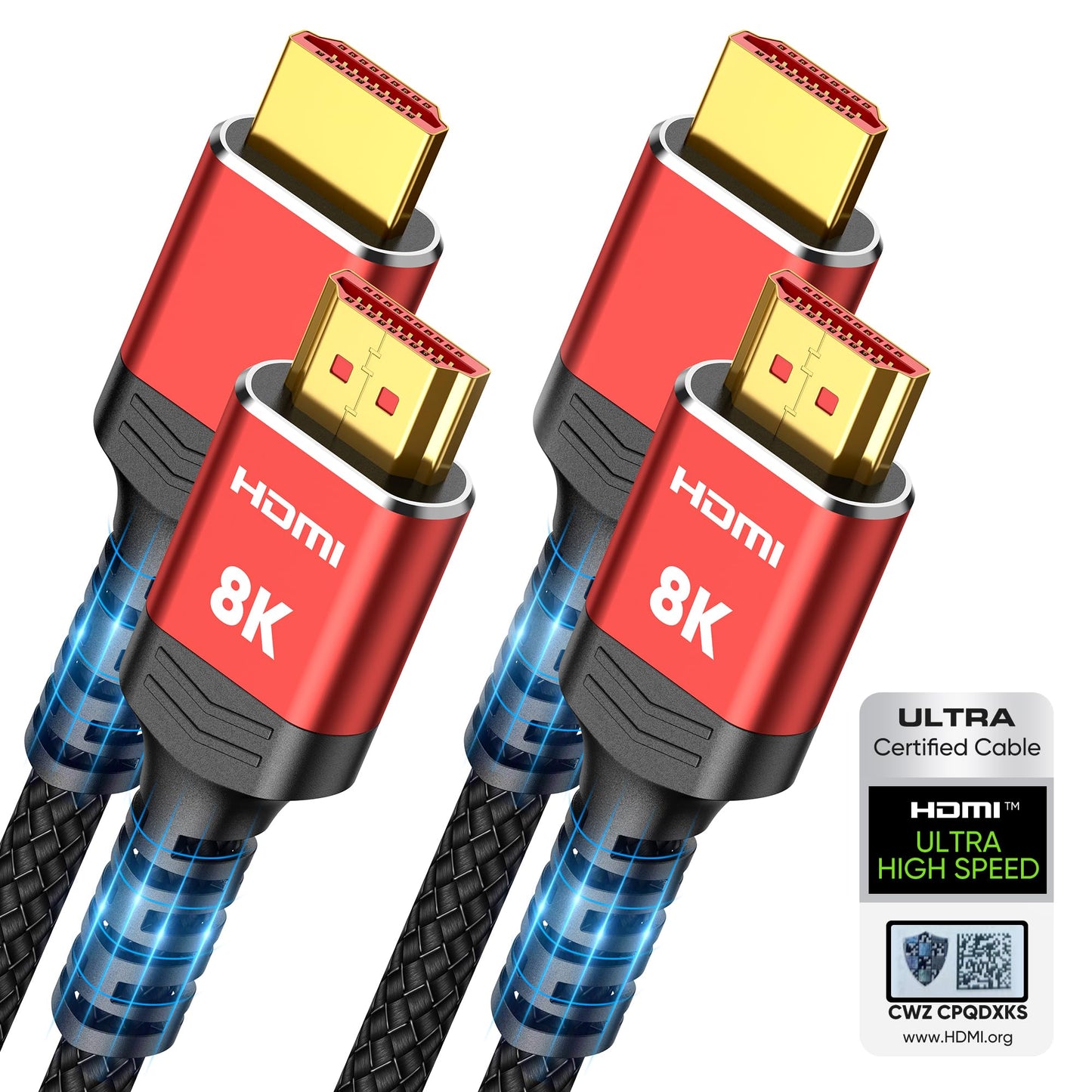 Highwings 8K 10K HDMI 2.1 Cable 6.6FT/2M 2-Pack, Certified Ultra High Speed HDMI Cable Braided Cord-4K@120Hz 8K@60Hz, DTS:X, HDCP 2.2 & 2.3, HDR 10 Compatible with Roku TV/HDTV/Blu-ray
