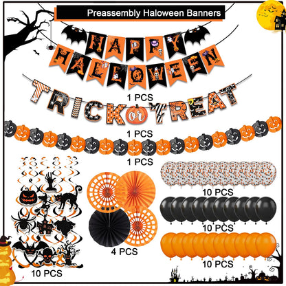 Happy Halloween Trick or Treat Banner Paper Fan Balloons & Swirl Streamers Goul Bat Cat Bird Ghost Pumpkin Lantern for Party Decorations