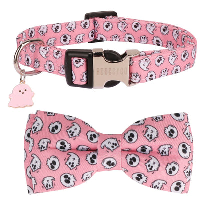 ADOGGYGO Halloween Dog Collar with Bowtie, Pink Ghost Pet Collars with Detachable Bow, Adjustable Pink Halloween Collars for Small Medium Large Dogs (Small)