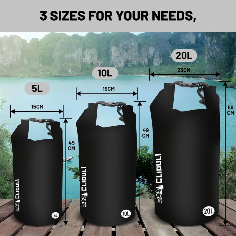 Cliduli Waterproof Dry Bag,Roll Top Black Small Waterproof Backpack 2L/5L/10L/20L/30L/40L Floating Lightweight Bags for Kayaking, Boating, Fishing, Swimming Camping with Waterproof Phone Case