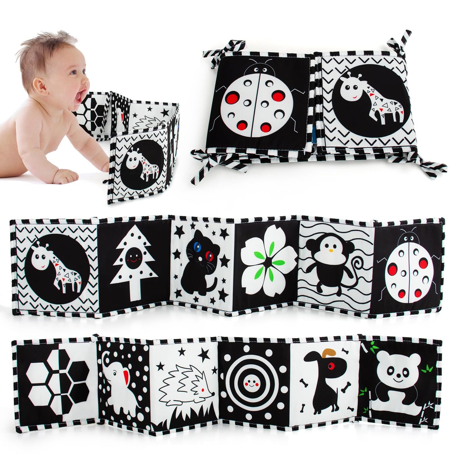 Cawgug Black and White High Contrast Baby Toys for Newborn Brain Development Tummy Time Soft Book Babies 0-3 6-12 Months Montessori Learning Activities Infant and Sensory Visual Stimulation Toys