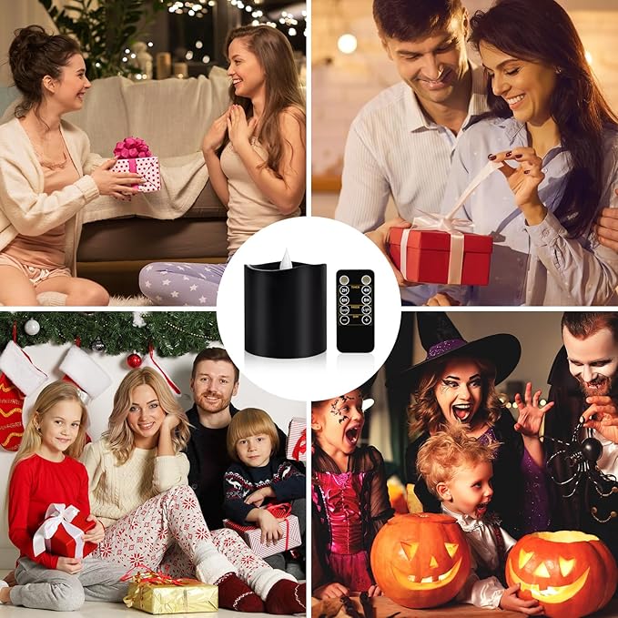 Black Flameless LED Candles - 3" x 3" Real Wax, Battery Operated with Remote Timer, 3D Flickering, Lasts 600+ Hours, Halloween & Christmas Deco (Black, 3"*3"-1pcs)