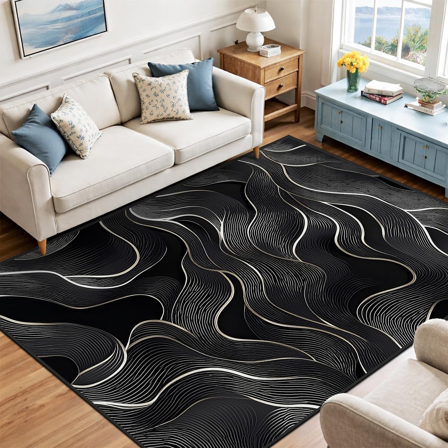 8x10 Area Rug Black White Modern Rug for Living Room Indoor Machine Washable Abstract Rugs for Bedroom Ultra Soft Dining Room Large Carpet Non-Slip Non-Shedding Throw Rug for Home Office
