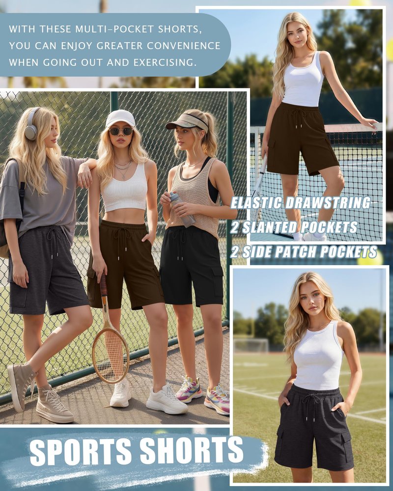 Neer 3 Pack Women's Bermuda Shorts Cargo Knee Length Drawstring Long Shorts Casual Yoga Soccer SweatShorts with 4 Pockets(Black, Dark Gray, Brown,Medium)