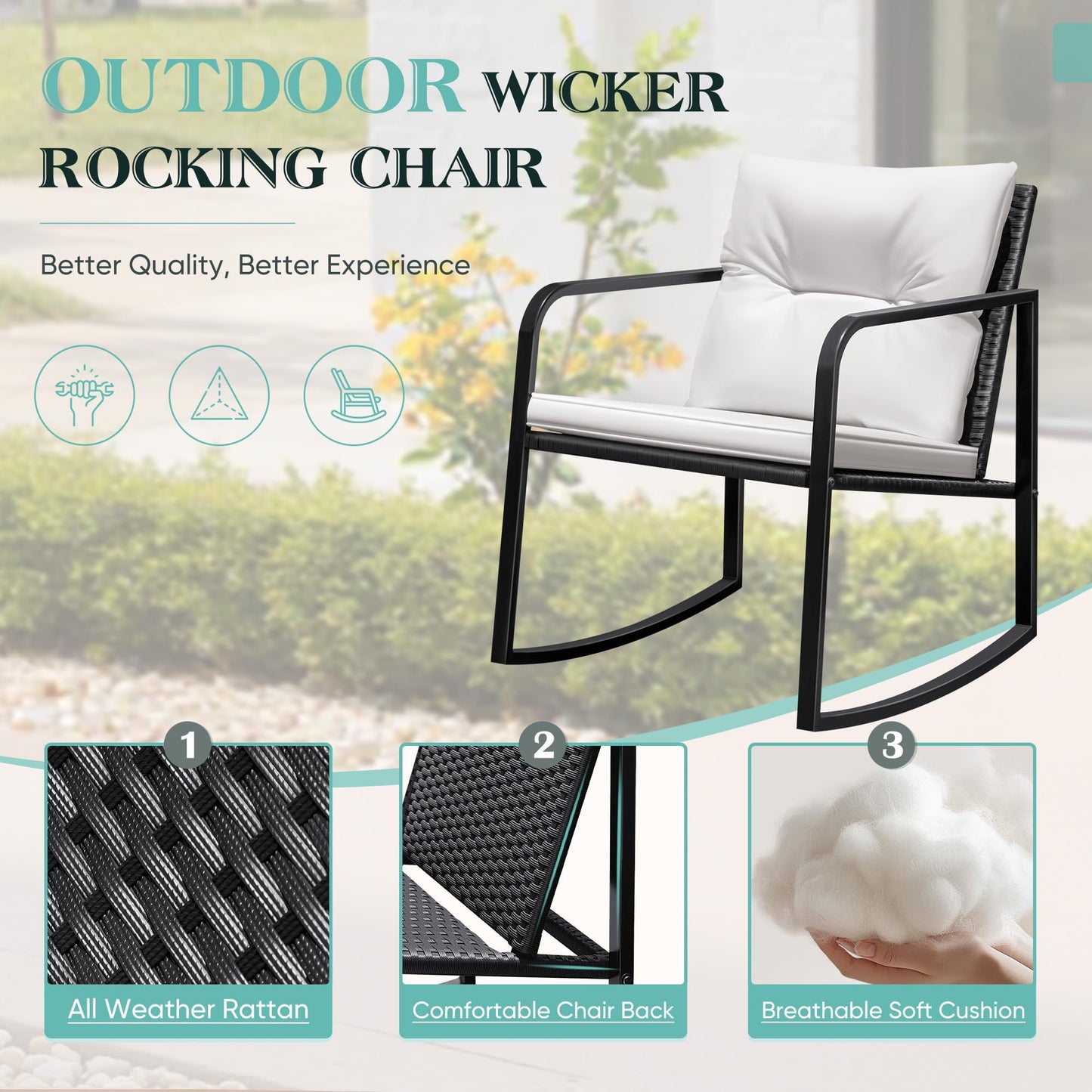 Greesum 3 Pieces Rocking Wicker Bistro Set, Patio Outdoor Furniture Conversation Sets with Porch Chairs and Glass Coffee Table, Beige