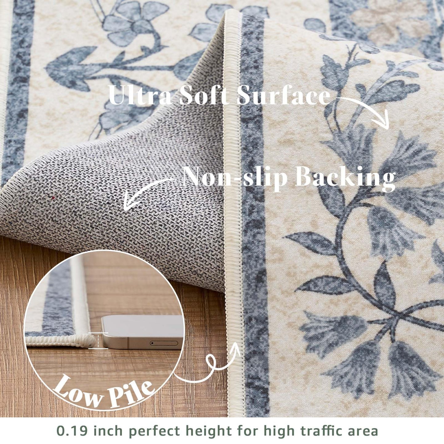 jinchan Zenith Floral Runner Rug 2x6 Washable Kitchen Runner Non-Slip Low-Pile Soft Carpet Runner Botanical Throw Rug for Entryway Laundry Room Hallway Bedroom Blue/Cream