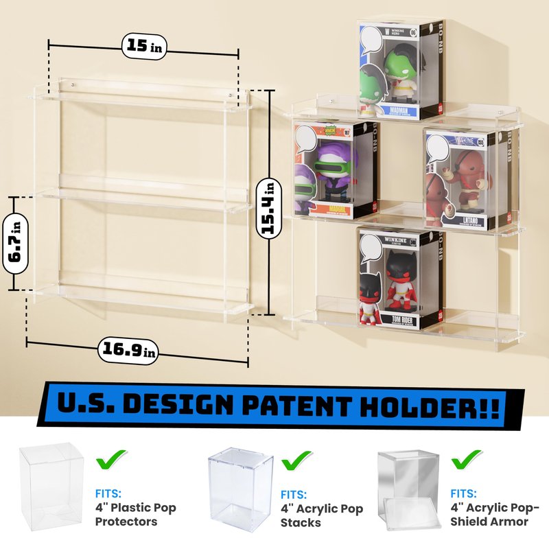 WINKINE Wall Display Shelves Compatible with 21 Funko Pop in Box, Easy Install - Only 2 Screws per Shelf, Acrylic Floating Shelves Stackable, Action Figure Stand, Collectibles Display Case, 2 Pack