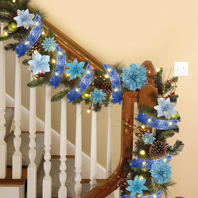 72Pcs Poinsettia Christmas Flowers Decorations with Christmas Ribbon, Blue Christmas Decorations,9 Styles Glitter Artificial Poinsettia Christmas Tree Ornaments for Wreath Garland Holiday Decor(Blue)