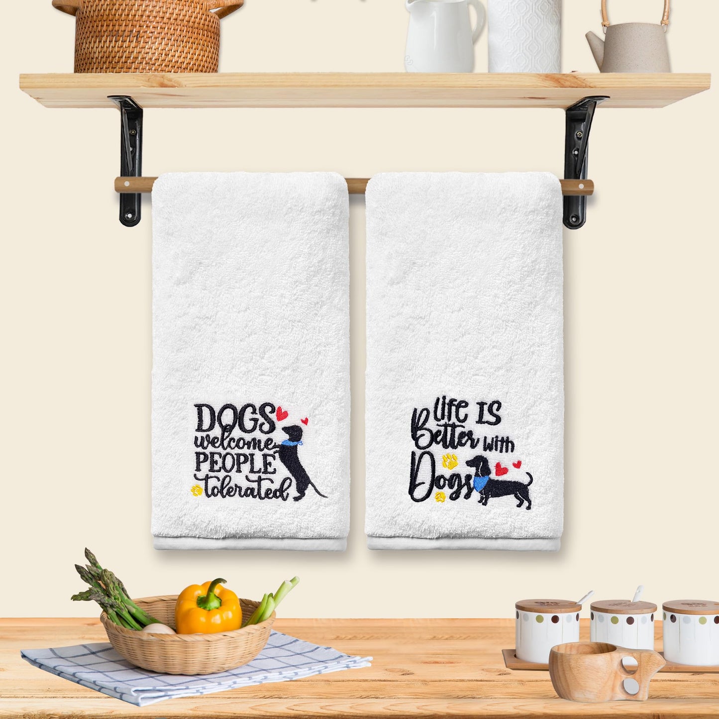 Dog Hand Towels for Bathroom Set of 2, Lover Gifts for Women Bathroom Decor Embroidered, Owners Mom Gifts Decorative New Home Tea Towels, 100% Cotton Soft for Kitchen 14x30 Inches