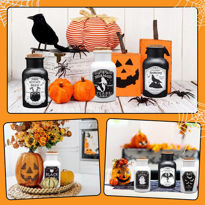 Ainswei Halloween Decorations Indoor, 4 Potion Bottle with Cork, 12PCS Label Halloween Stickers, Black and White Apothecary Glass Bottles, For Tiered Tray Table Home Room Halloween Decor