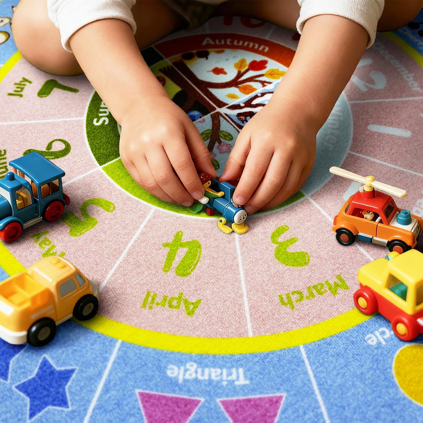 ABC Round Kids Rug for Playroom, 4x4 ft Alphabet Small Classroom Rug, Educational Kids Play Mat With Number Shape Season, Learning Area Rug for Nursery Bedroom Kidsroom, Colorful Non-Slip Washable