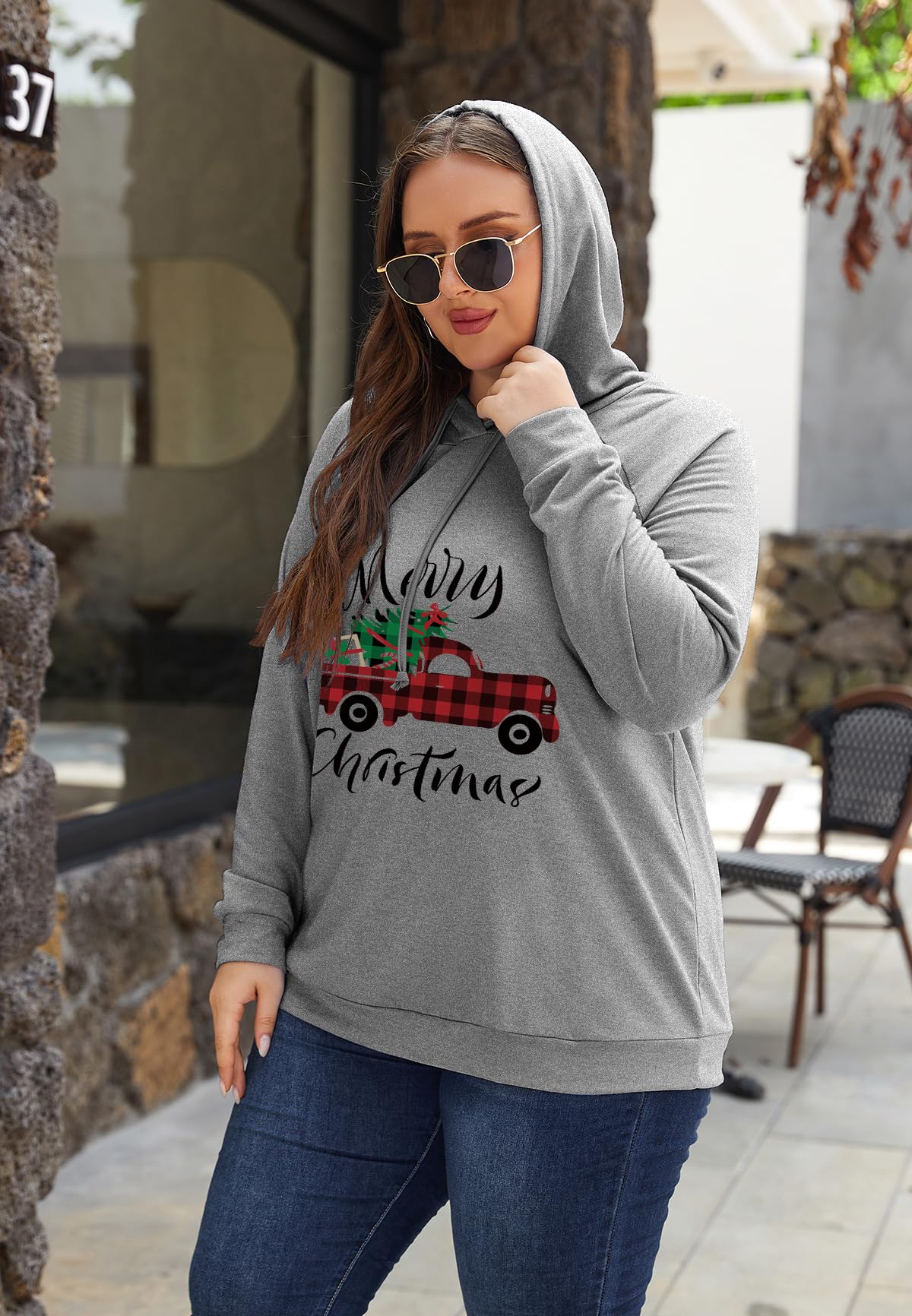 ForHailey Plus Size Christmas Hoodies for Women Merry Christmas Tree Car Hooded SweatShirt Christmas Outfits Pullover Shirt Christmas Outfits Light Grey 3X-Large