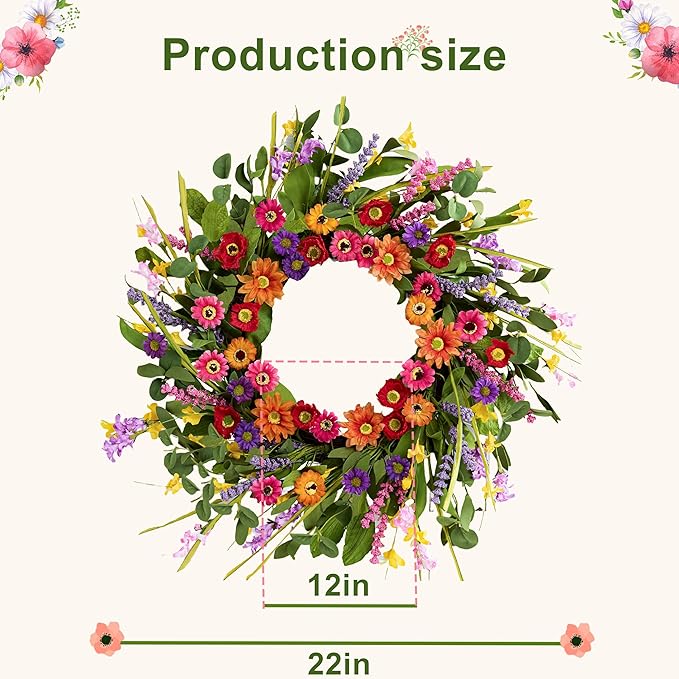Artificial Spring Wreath 22 Inch Summer Wreaths for Front Door with Green Eucalyptus Leaves Pink Daisy Lavender Spring Door Wreath for Farmhouse Wall Wedding Home Porch Easter
