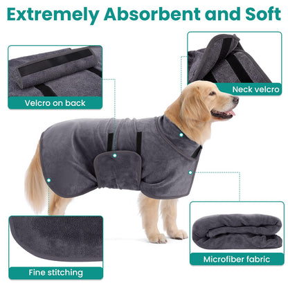 PETTOM Dog Drying Coat Super Absorbent, Adjustable Microfiber Dog Towel Robe, Soft Dogs Robe Quick Drying, Dogs Bathrobe for Bath, Swimming, Muddy Walks (Grey,L)