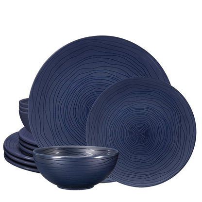 Bzyoo 12 Piece Melamine Dinnerware Set - Durable, Dishwasher Safe, Organica Navy Blue Plates and Bowls Sets Casual Dish Set for Dining, Outdoor and Kitchen