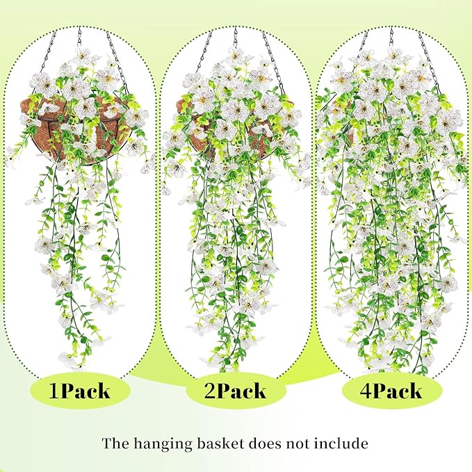 Artificial Fake Hanging Flowers Plants for Outdoor Spring Summer Decoration, 4pcs Faux Silk Realistic UV Sun Resistant Daisy for Outside Porch Patio Window Box Yard Home Decor (White)