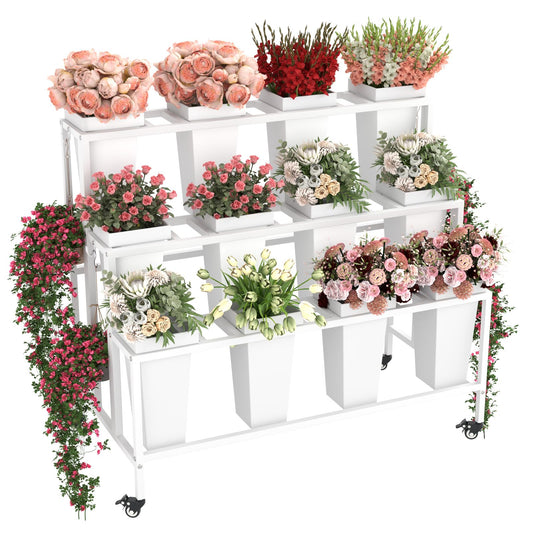 Annzoe Flower Display Stand with 12 Buckets & Wheels – 3-Tier Mobile Flower Cart, White Metal Flower Bar for Weddings, Florist Shops, Patio, Garden & Home