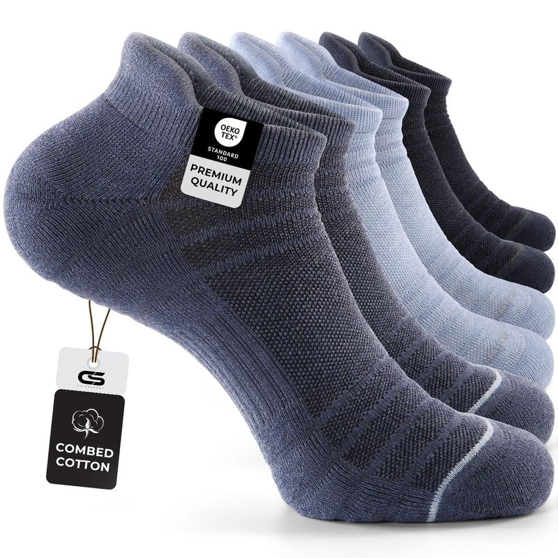 CS CELERSPORT 6 Pack Athletic Running Ankle Socks, Low Cut Cushioned Tab Sports Socks Men Women,Blue, Large