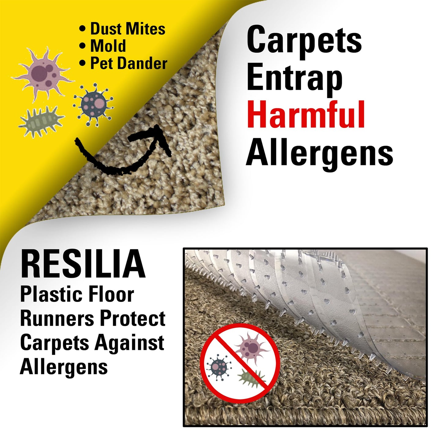 RESILIA Deep-Pile Carpet Runner - Plastic Vinyl Carpet & Rug Protector, Waterproof Clear Vinyl Floor Runners, 27 Inches Wide x 15 Inches Long, Made in The USA