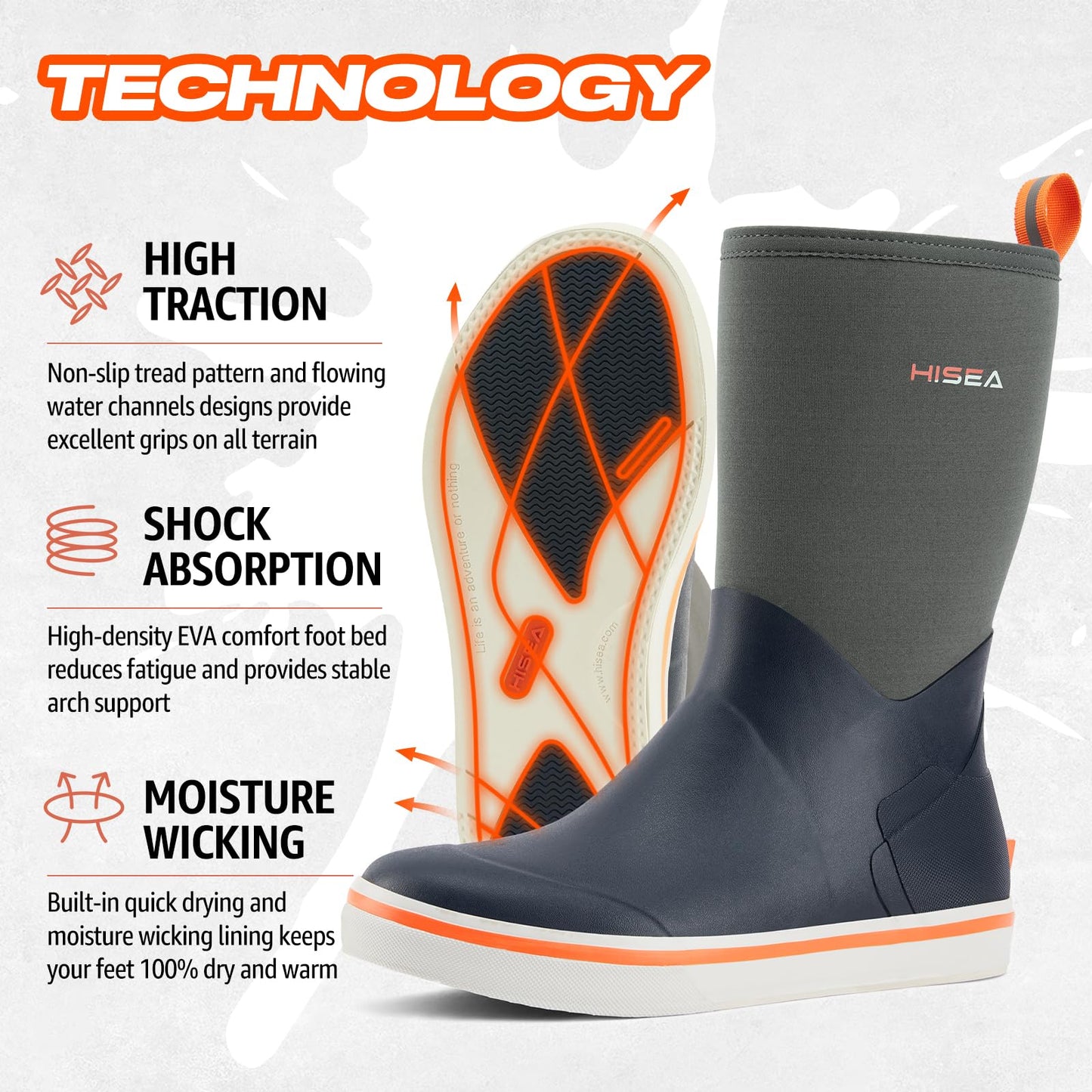 HISEA Men's Rubber Rain Boots Waterproof Garden Fishing Outdoor Deck Boots