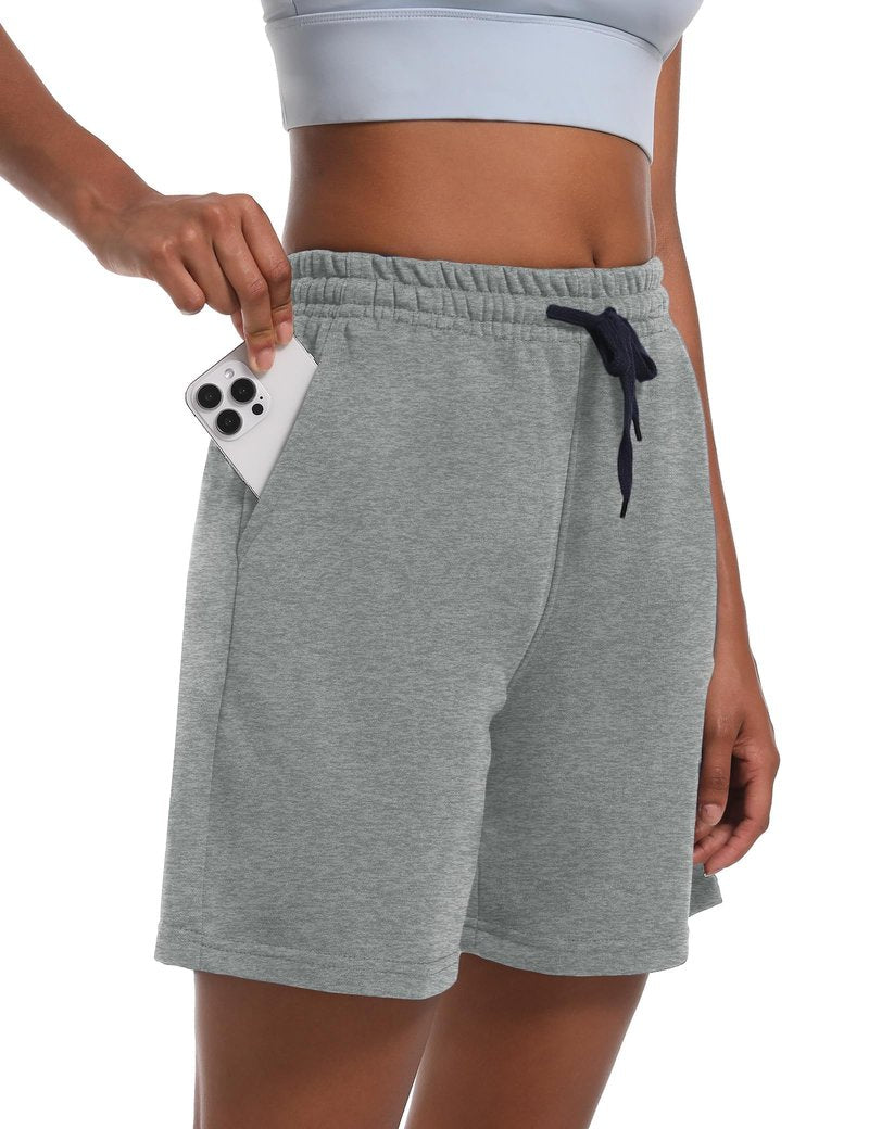 Dalavch 4 Pack Women's Summer Sweat Shorts Cotton Comfy Drawstring Shorts for Casual Lounge Sport Athletic with Pockets 2 Black 1 Pitch Blue 1 Heather Grey Large