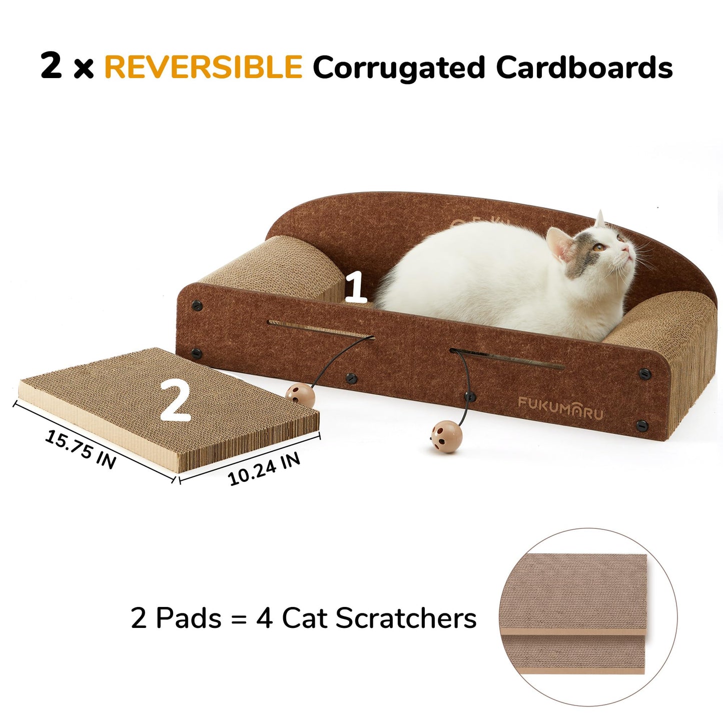 FUKUMARU 26 Inch Cat Scratcher Cardboard Lounge Bed, Durable Cat Scratcher Extra Large Lounger, 2 Reversible Cat Scratching Pads Refill for Indoor Cats, Cat Scratch Bed Cardboard Toy, Caramel Color