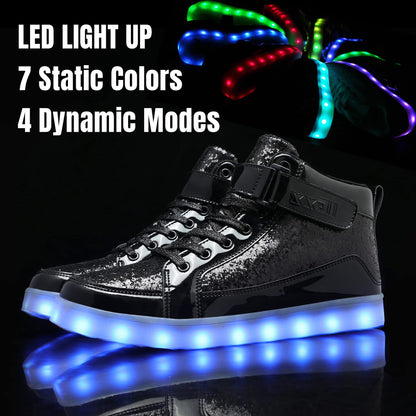 IGxx LED Light Up Shoes for Men USB Recharging High Top Sneakers Women Kids Glitter Black 12