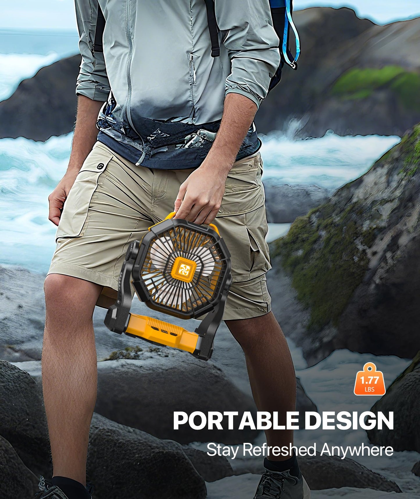 Doviluxe Camping Fan Battery Powered -12000mAh Portable Rechargeable Fans Light, Battery Operated Fan for Camping Hook 4 Speed Quiet Cordless USB Personal Cooling for Desk Home Beach Tent BBQ