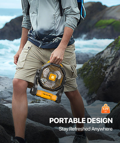 Doviluxe Camping Fan Battery Powered -12000mAh Portable Rechargeable Fans Light, Battery Operated Fan for Camping Hook 4 Speed Quiet Cordless USB Personal Cooling for Desk Home Beach Tent BBQ