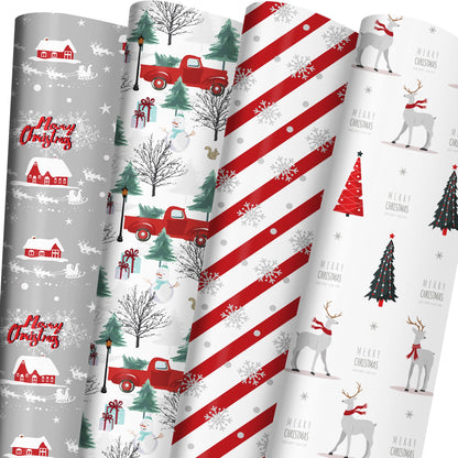 Cuitpan White Christmas Wrapping Paper Bundle for Kids Adults - Reindeer, Stripes, Woodlands, Snowflake, Red Truck Winter Scene Designs - 28 x 40 Inches, 6 Jumbo Sheets