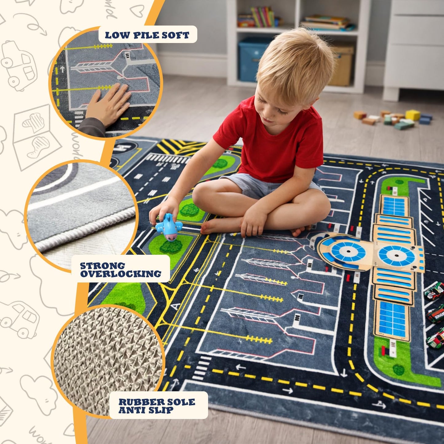 Xyrjova Play Rug for Kids Playroom 31''x47'' Airport Playmat Airplane Rug Airport Carpet with City Road Traffic System and Aircraft Runway，Non-Slip Washable Classroom Rugs Car Rugs Airports Mat