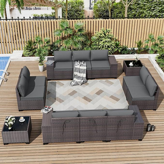 ALAULM 12 Pieces Outdoor Patio Furniture Set Sectional Sofa Sets Brown PE Rattan Patio Conversation Set w/10 Grey Seat Cushions and 2 Coffee Tables