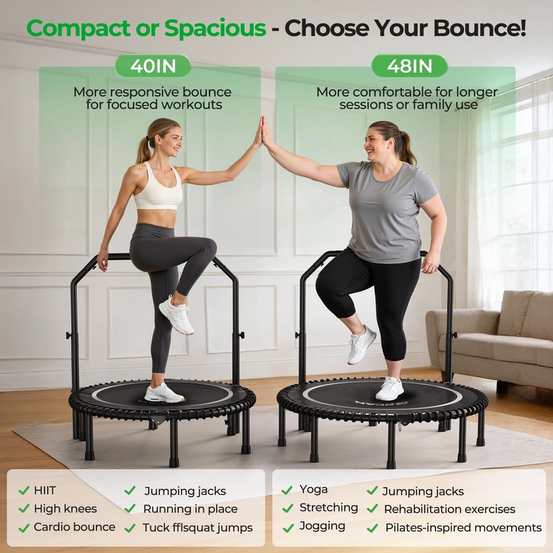 BCAN BT2 450/550LBS Mini Rebounder Trampoline for Adults with Bar, Fitness Trampoline with Bungees, Adjustable Handle, Stable & Quiet, Indoor Outdoor, Whole-Body Workout & Relaxation at Home-40IN-SLV