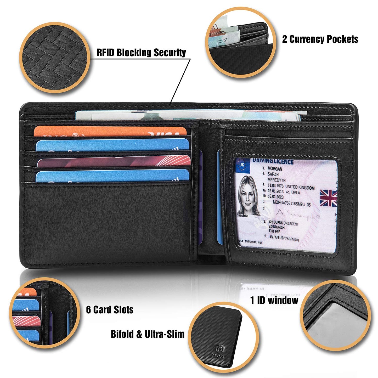 PIRNA Wallets for Men UK, RFID Bi-Fold Carbon Credit Card Holder for Mens with Gift Box, Men's Wallets UK & Money Organisers