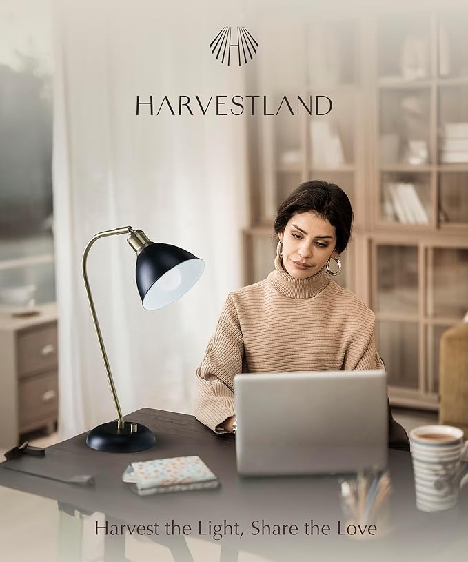 HarvestLand Halo Black and Brass Desk Lamp – Adjustable Desk Lamp with Metal, Industrial Table Lamp with Solid Base for Home Office, Dedside Table lamp, Task Lamp